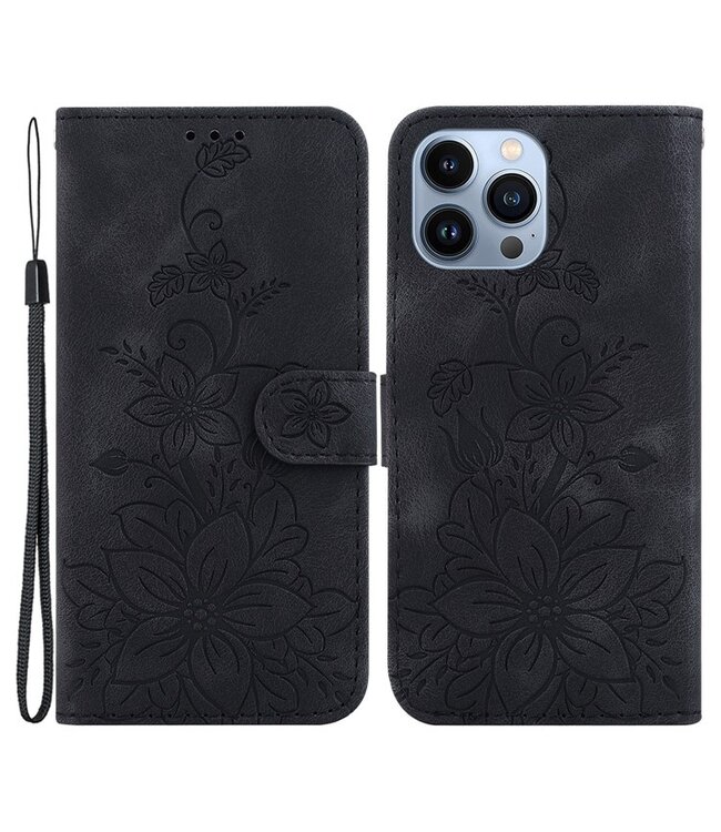 SoFetch Zwart Bloemen Bookcase Hoesje voor de iPhone 15 Pro Max