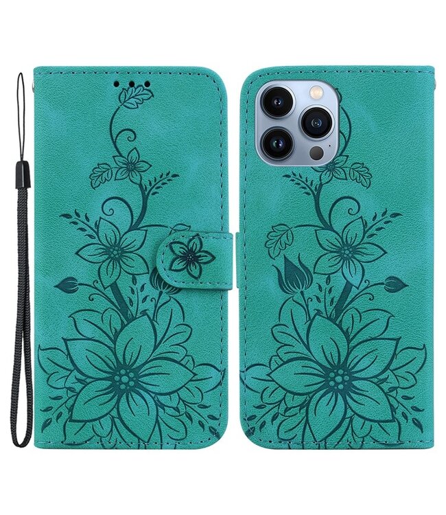 SoFetch Groen Bloemen Bookcase Hoesje voor de iPhone 15 Pro Max