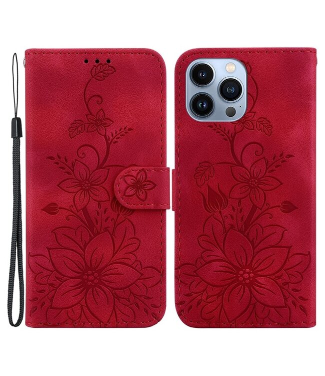 SoFetch Rood Bloemen Bookcase Hoesje voor de iPhone 15 Pro Max