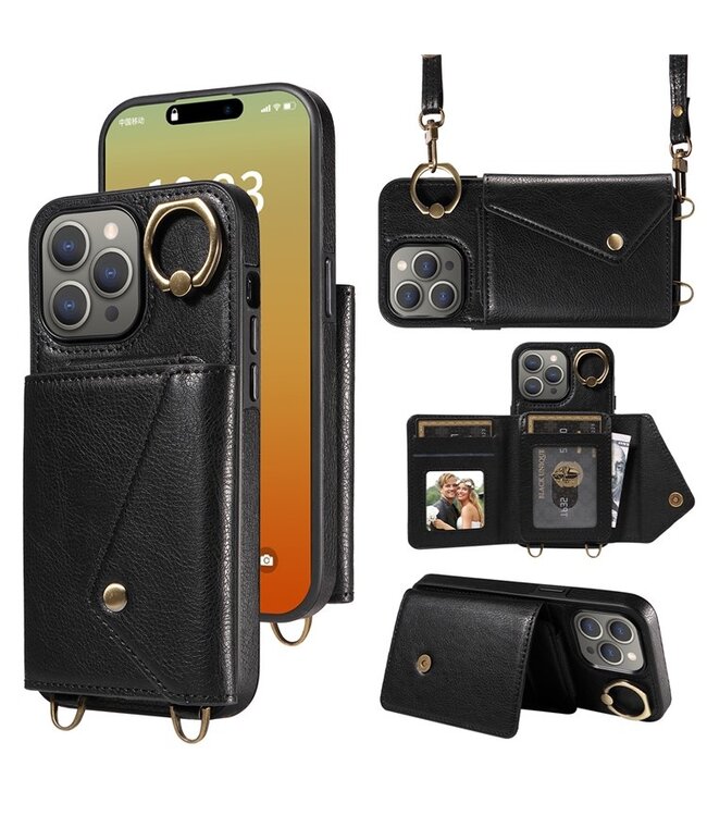 SoFetch Zwart Wallet Litchee 2 in 1 Hoesje voor de iPhone 15 Pro Max