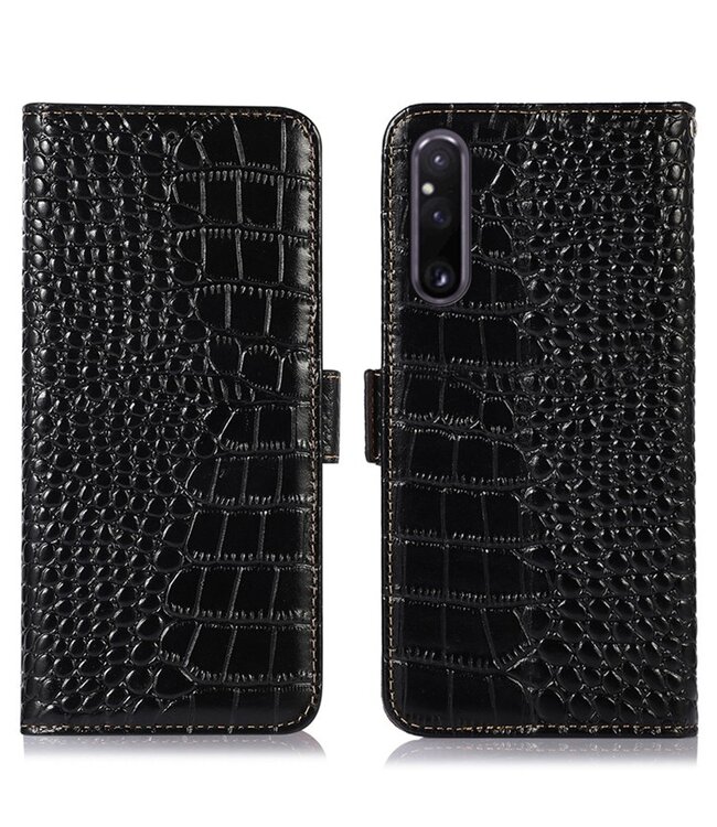 SoFetch Zwart Krokodillen Bookcase Hoesje voor de Sony Xperia 1 V