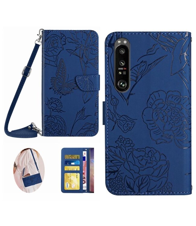 SoFetch Blauw Bloem Vlinder Bookcase Hoesje voor de Sony Xperia 1 V