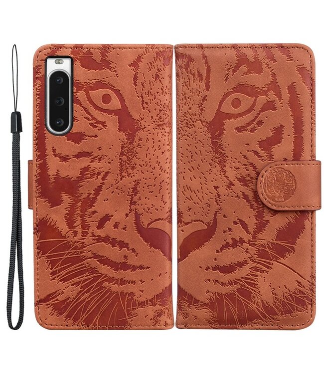 SoFetch Bruin Tijger Bookcase Hoesje met Polsbandje voor de Sony Xperia 10 V