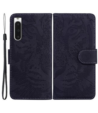 SoFetch Zwart Tijger Bookcase Hoesje met Polsbandje Sony Xperia 10 V