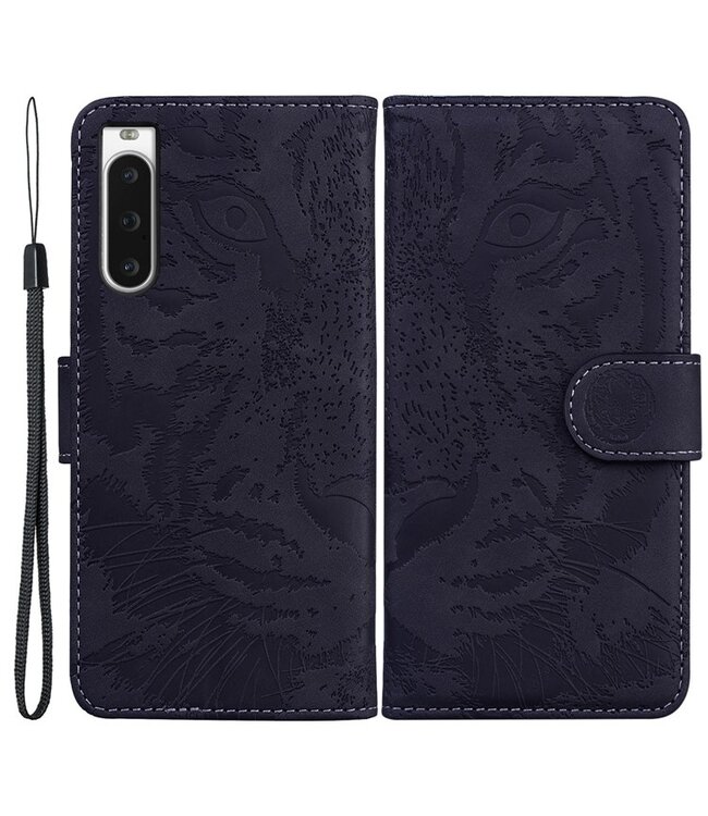 SoFetch Zwart Tijger Bookcase Hoesje met Polsbandje voor de Sony Xperia 10 V