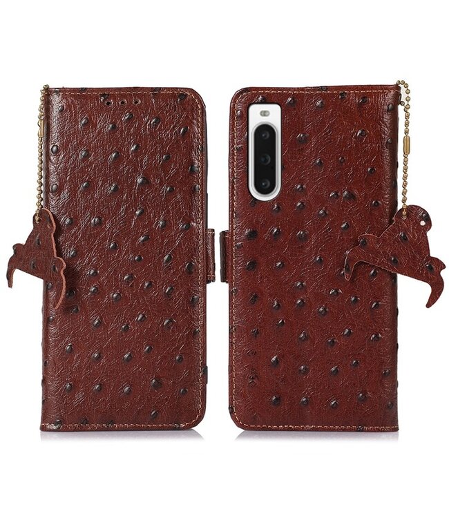 SoFetch Koffiebruin RFID Struisvogel Bookcase Hoesje voor de Sony Xperia 10 V