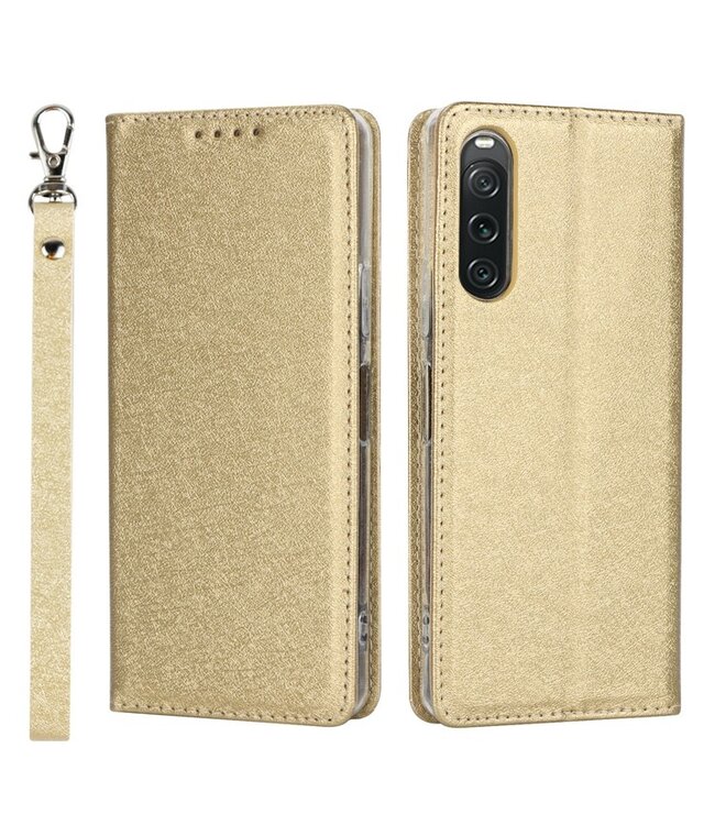 SoFetch Goud Zijde Bookcase Hoesje met Handriem voor de Sony Xperia 10 V