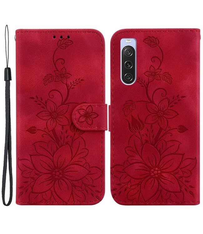 SoFetch Rood Lily Bookcase Hoesje met Handriem voor de Sony Xperia 10 V