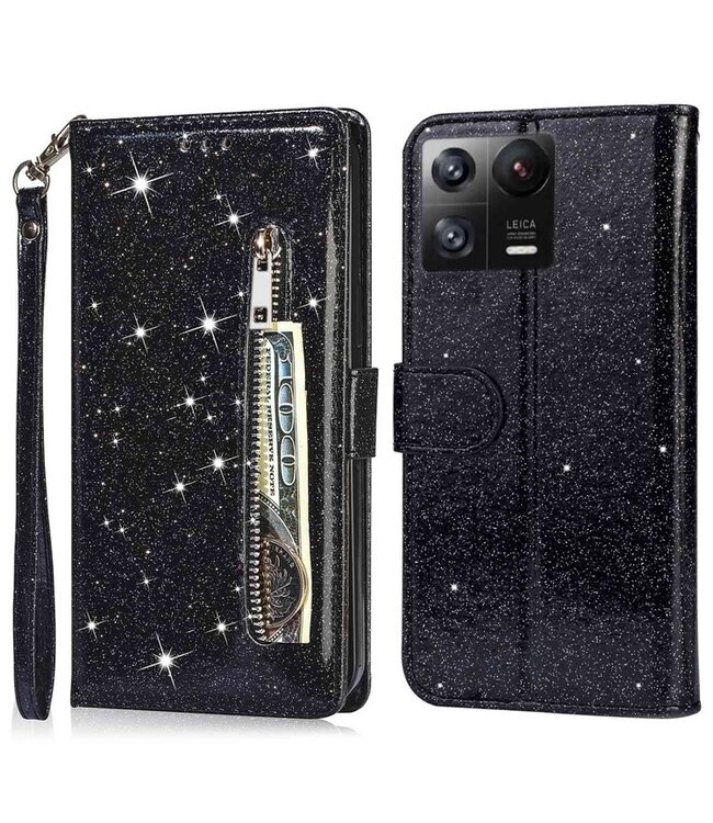 SoFetch Zwart Portemonnee Glitters Bookcase Hoesje voor de Xiaomi 13