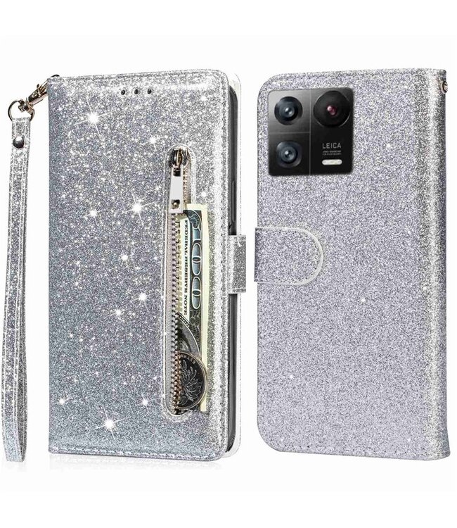 SoFetch Zilver Portemonnee Glitters Bookcase Hoesje voor de Xiaomi 13