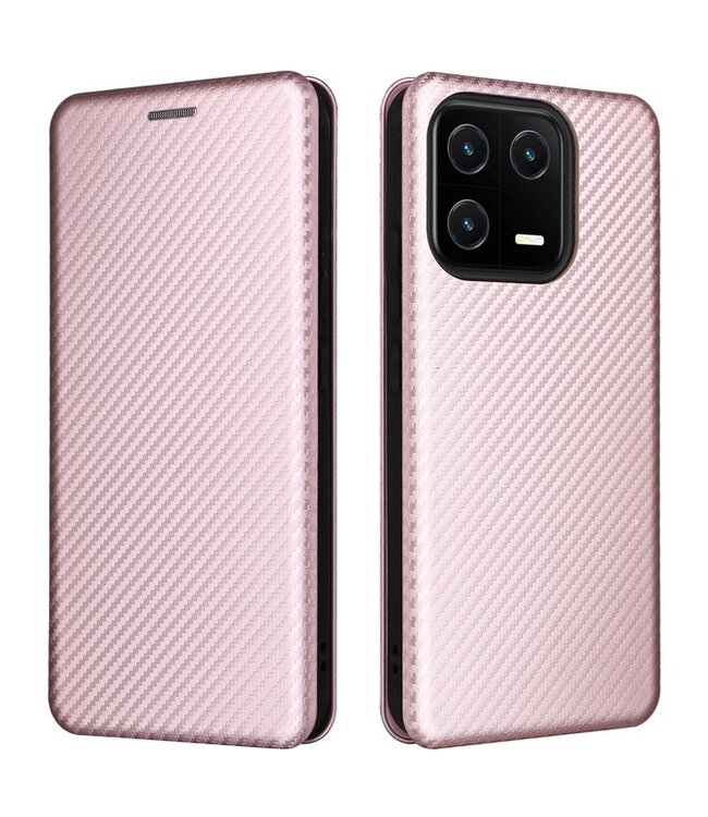 SoFetch Rozegoud Magnetisch Carbontextuur Bookcase Hoesje voor de Xiaomi 13