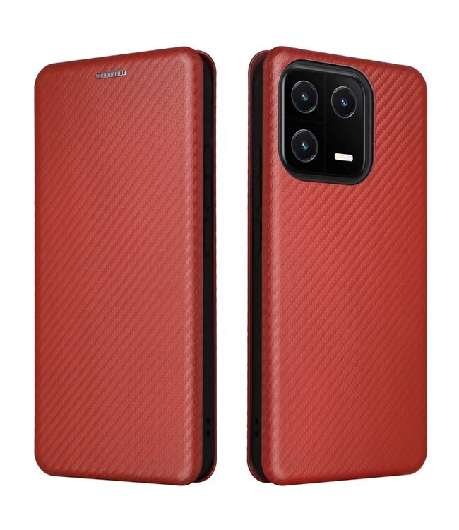 SoFetch Rood Magnetisch Carbontextuur Bookcase Hoesje voor de Xiaomi 13