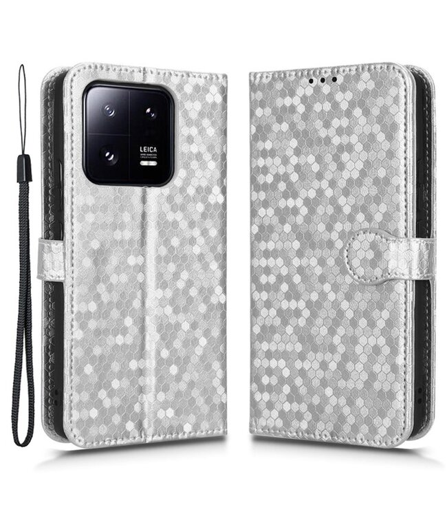 SoFetch Zilver Stippen Bookcase Hoesje met Polsbandje voor de Xiaomi 13