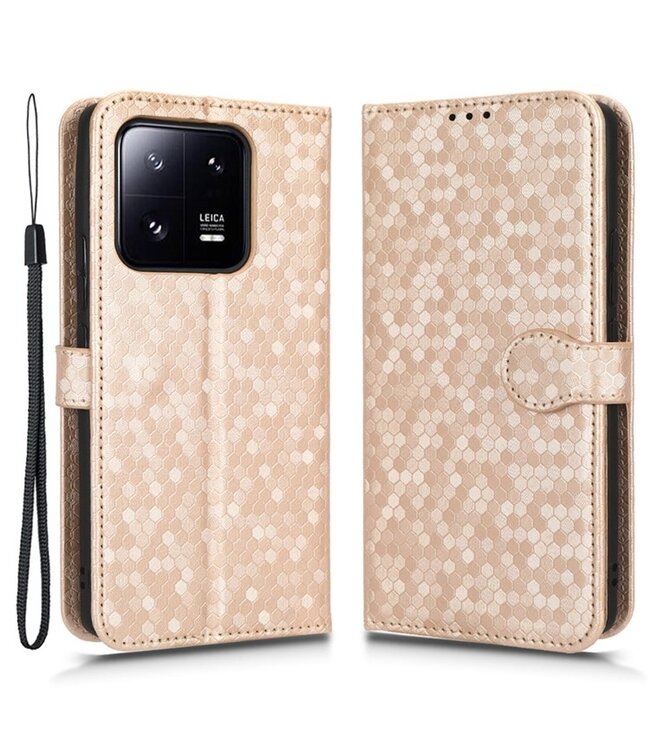 SoFetch Rozegoud Stippen Bookcase Hoesje met Polsbandje voor de Xiaomi 13