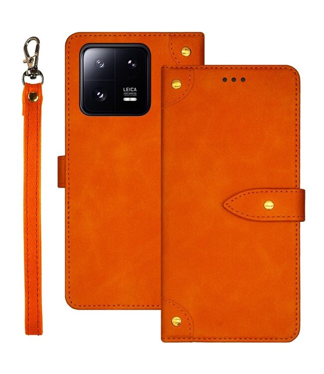 Idewei Oranje Drukknoop Bookcase Hoesje met Polsbandje voor de Xiaomi 13