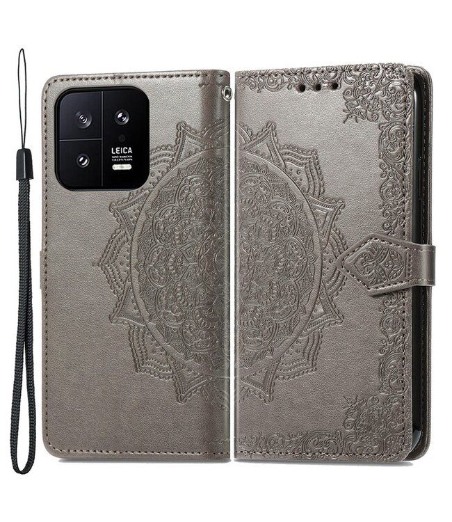 SoFetch Grijs Mandala Bookcase Hoesje met Polsbandje voor de Xiaomi 13