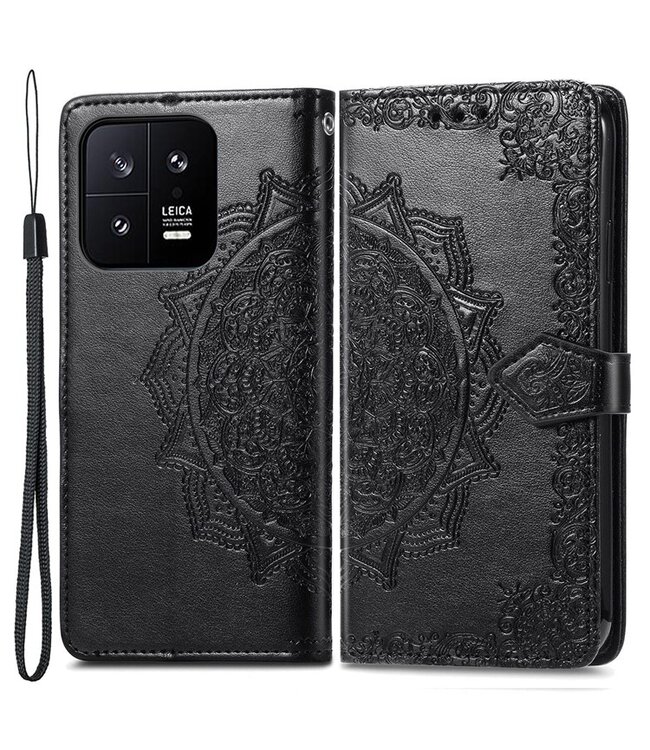 SoFetch Zwart Mandala Bookcase Hoesje met Polsbandje voor de Xiaomi 13