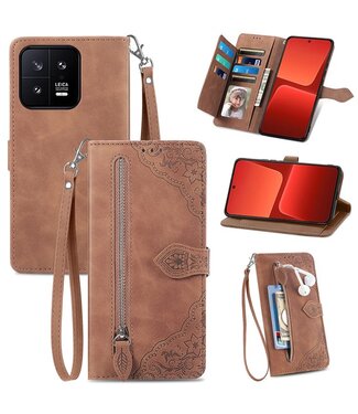 SoFetch Bruin Portemonnee Bloem Bookcase Hoesje Xiaomi 13