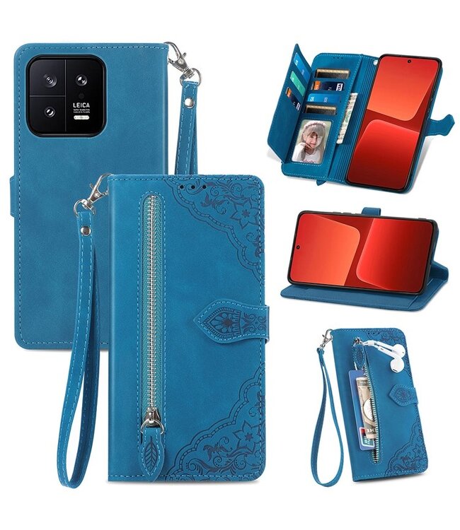 SoFetch Blauw Portemonnee Bloem Bookcase Hoesje voor de Xiaomi 13