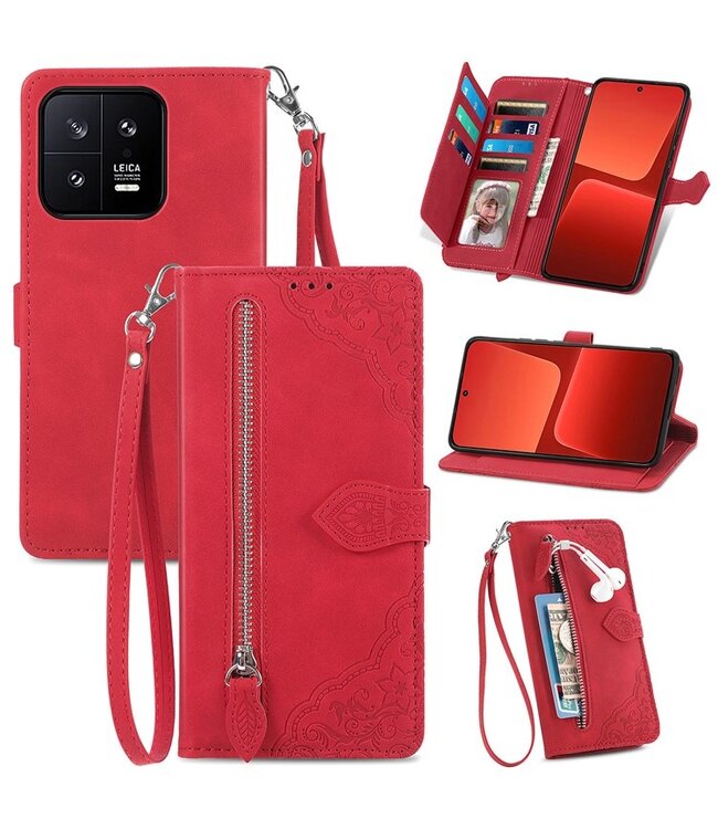 SoFetch Rood Portemonnee Bloem Bookcase Hoesje voor de Xiaomi 13