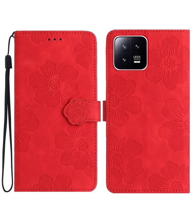 SoFetch Rood Bloemen Bookcase Hoesje met Polsbandje voor de Xiaomi 13