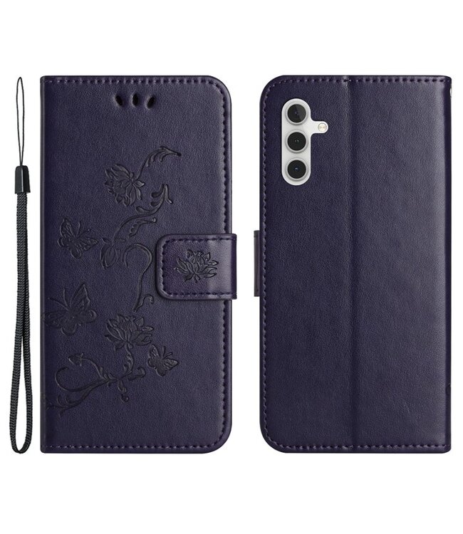 SoFetch Donkerpaars Bloemen Bookcase Hoesje voor de Samsung Galaxy S24