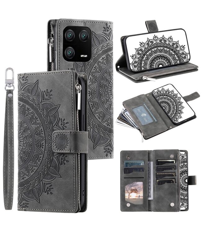 SoFetch Grijs Mandala Bookcase Hoesje met Handriem voor de Xiaomi 13 Pro