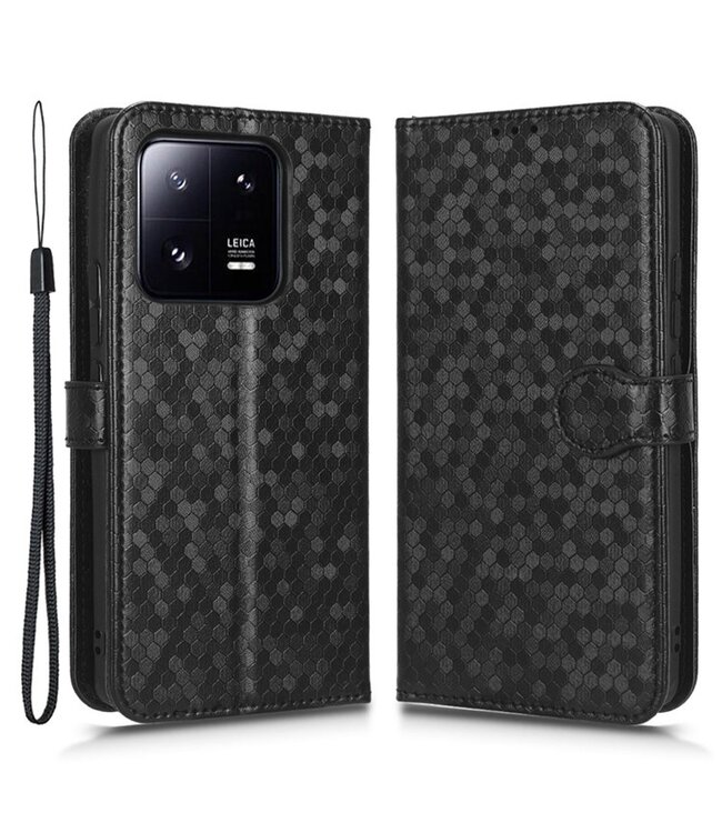 SoFetch Zwart Stippen Bookcase Hoesje met Handriem voor de Xiaomi 13 Pro