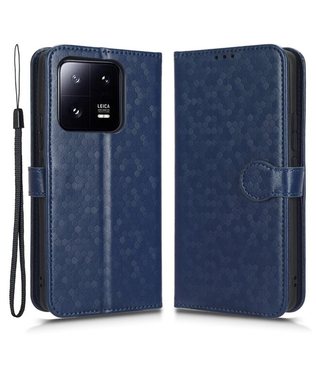 SoFetch Donkerblauw Stippen Bookcase Hoesje met Handriem voor de Xiaomi 13 Pro