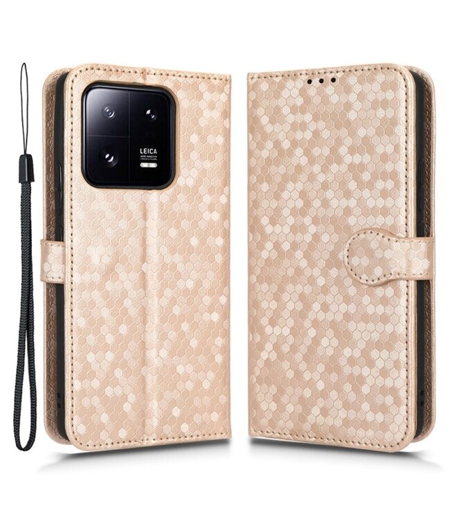 SoFetch Rozegoud Stippen Bookcase Hoesje met Handriem voor de Xiaomi 13 Pro