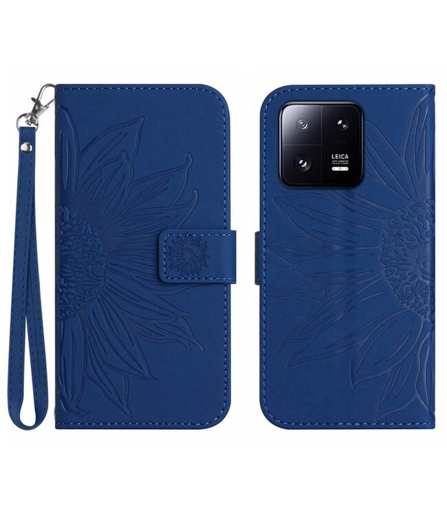 SoFetch Saffierblauw Zonnebloem Bookcase Hoesje met Handriem voor de Xiaomi 13 Pro