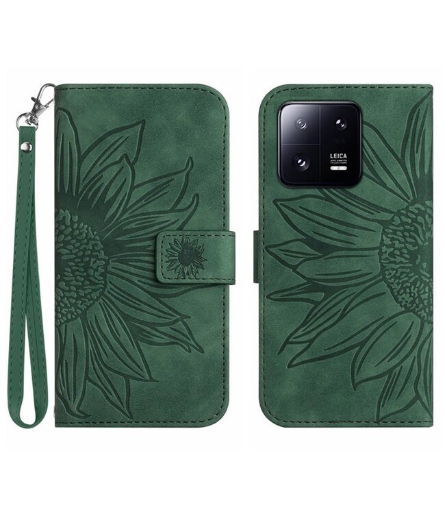 SoFetch Donkergroen Zonnebloem Bookcase Hoesje met Handriem voor de Xiaomi 13 Pro