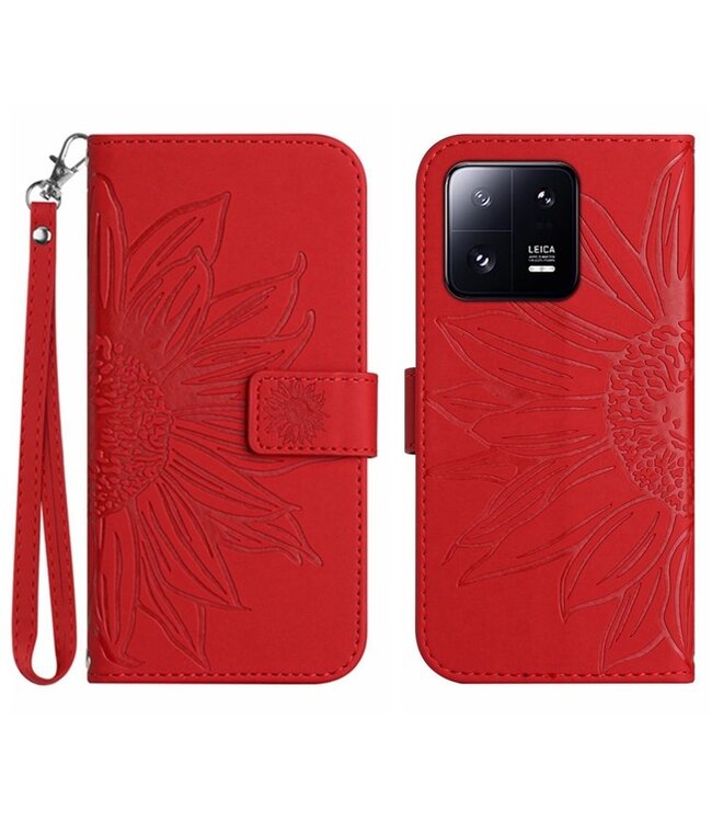 SoFetch Rod Zonnebloem Bookcase Hoesje met Handriem voor de Xiaomi 13 Pro
