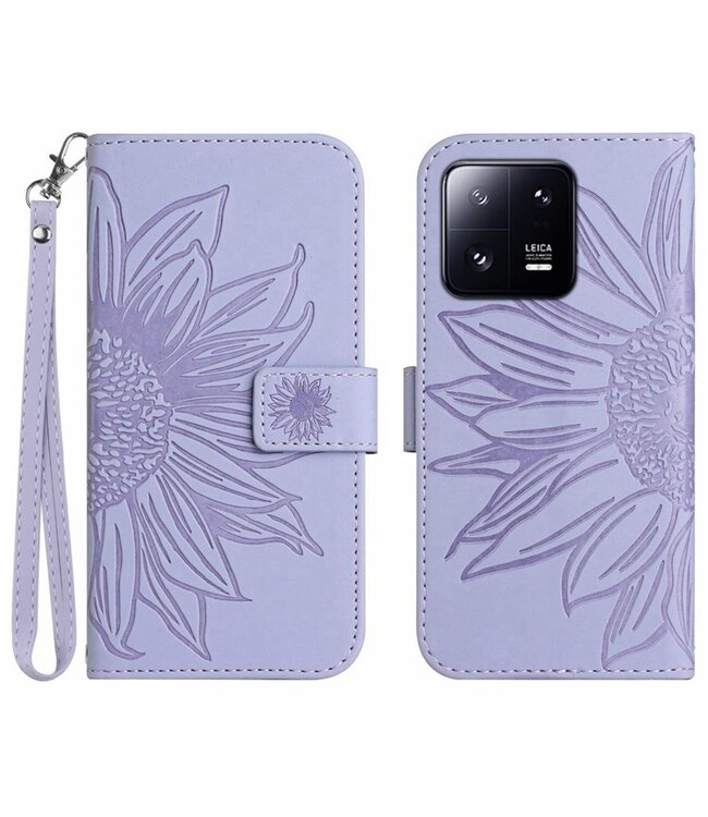 SoFetch Lichtpaars Zonnebloem Bookcase Hoesje met Handriem voor de Xiaomi 13 Pro