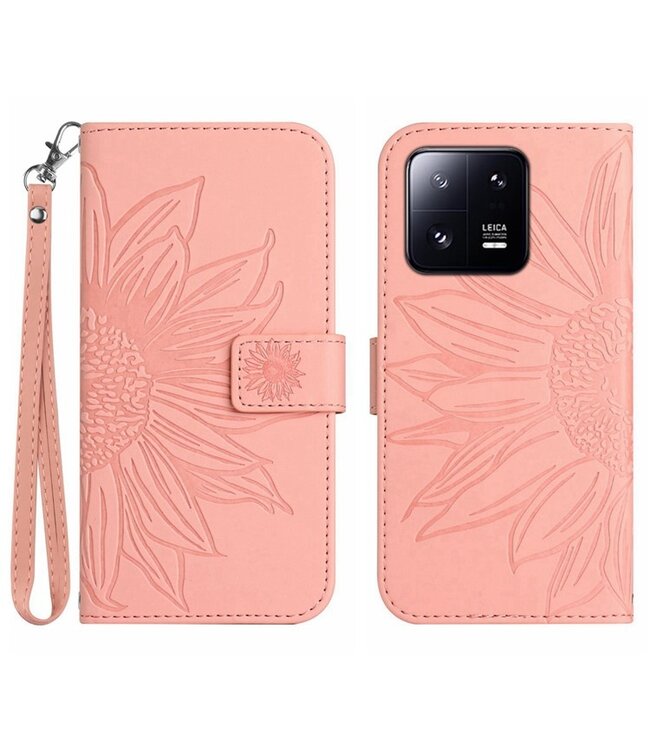 SoFetch Lichtroze Zonnebloem Bookcase Hoesje met Handriem voor de Xiaomi 13 Pro
