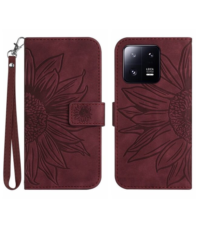 SoFetch Bordeaux Rood Zonnebloem Bookcase Hoesje met Handriem voor de Xiaomi 13 Pro