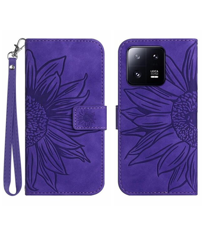 SoFetch Paars Zonnebloem Bookcase Hoesje met Handriem voor de Xiaomi 13 Pro
