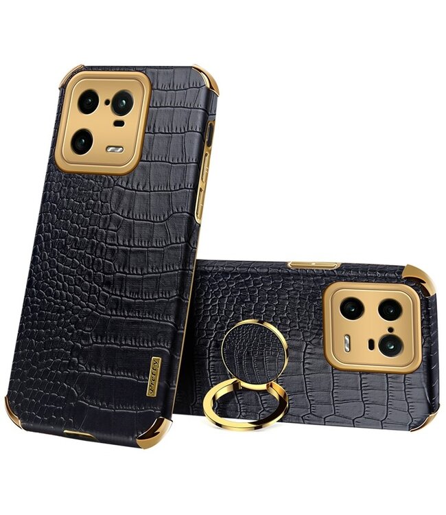 SoFetch Zwart Ring Houder Krokodillen Hybride Hoesje voor de Xiaomi 13 Pro