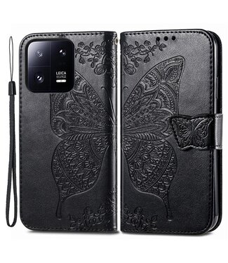 SoFetch Zwart Vlinder Bookcase Hoesje met Polsbandje Xiaomi 13 Pro