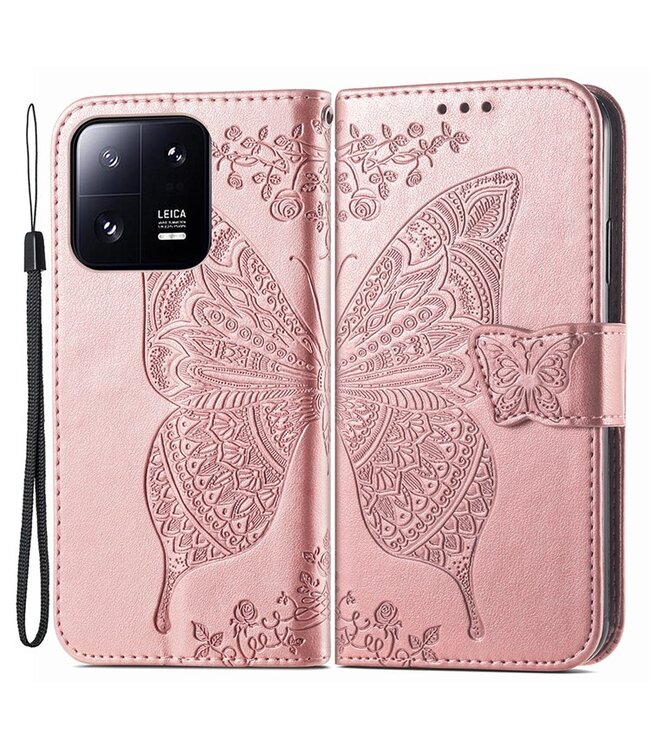 SoFetch Rozegoud Vlinder Bookcase Hoesje met Polsbandje voor de Xiaomi 13 Pro
