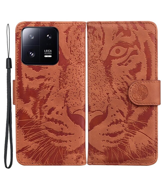 SoFetch Bruin Tijger Bookcase Hoesje met Polsbandje voor de Xiaomi 13 Pro