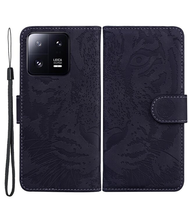 SoFetch Zwart Tijger Bookcase Hoesje met Polsbandje voor de Xiaomi 13 Pro