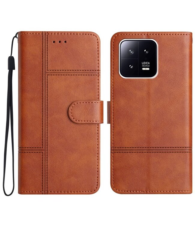 SoFetch Bruin Lijnen Zakelijk Bookcase Hoesje met Polsbandje voor de Xiaomi 13 Pro