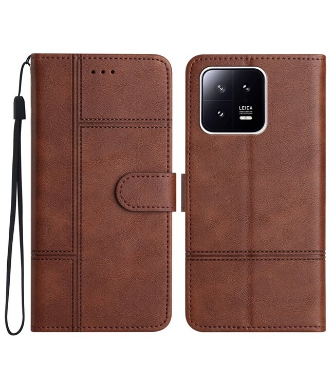 SoFetch Koffiebruin Lijnen Zakelijk Bookcase Hoesje met Polsbandje voor de Xiaomi 13 Pro