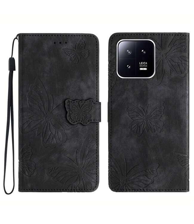 SoFetch Zwart Vlinders Bookcase Hoesje met Polsbandje voor de Xiaomi 13 Pro