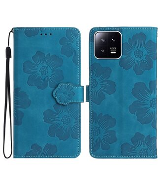 SoFetch Blauw Bloemen Bookcase Hoesje met Polsbandje Xiaomi 13 Pro