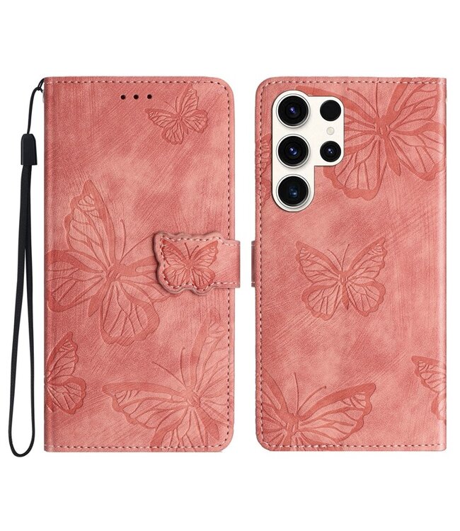 SoFetch Lichtroze Vlinders Bookcase Hoesje met Polsbandje voor de Samsung Galaxy S24 Ultra