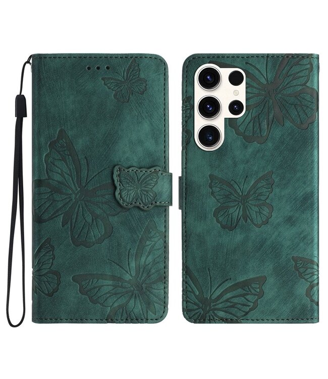 SoFetch Groen Vlinders Bookcase Hoesje met Polsbandje voor de Samsung Galaxy S24 Ultra