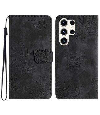 SoFetch Zwart Vlinders Bookcase Hoesje met Polsbandje Samsung Galaxy S24 Ultra