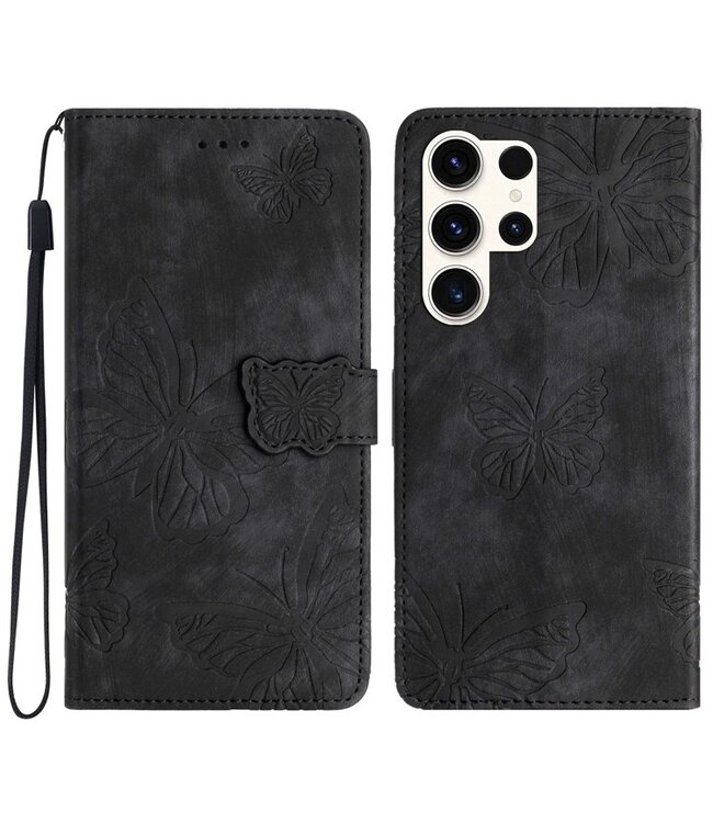 SoFetch Zwart Vlinders Bookcase Hoesje met Polsbandje voor de Samsung Galaxy S24 Ultra